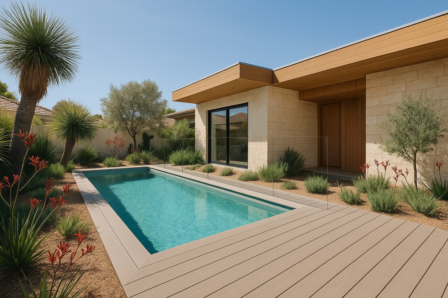 Light grey-brown composite deck surrounding a swimming pool