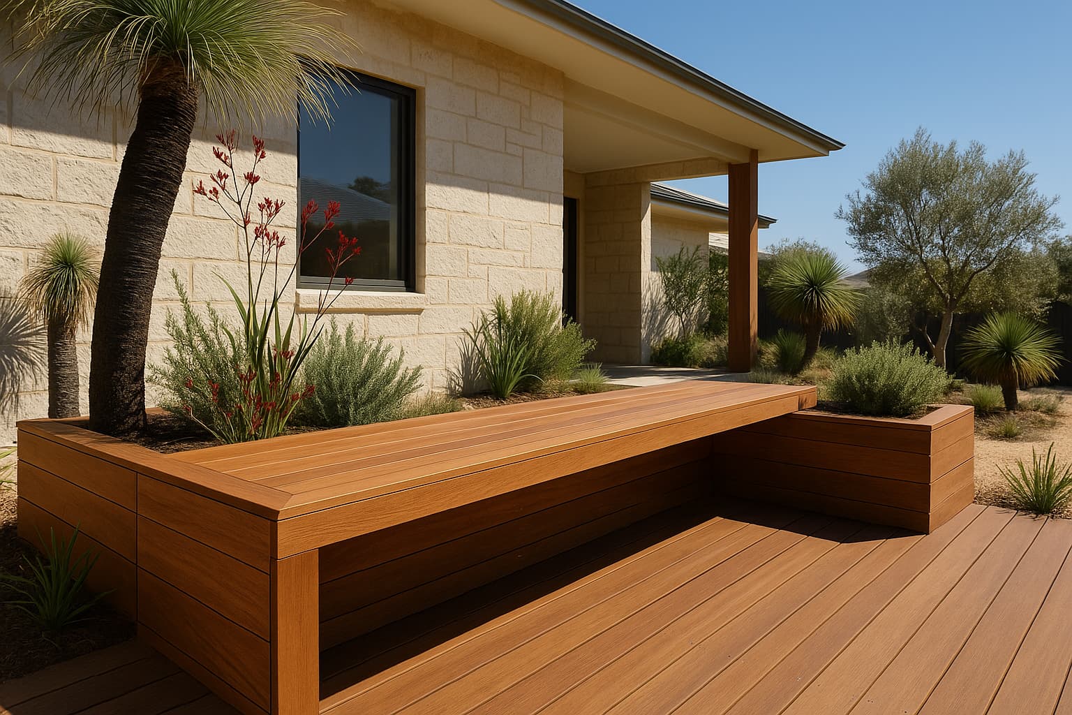 Built-in spotted gum bench with integrated planter boxes on a deck