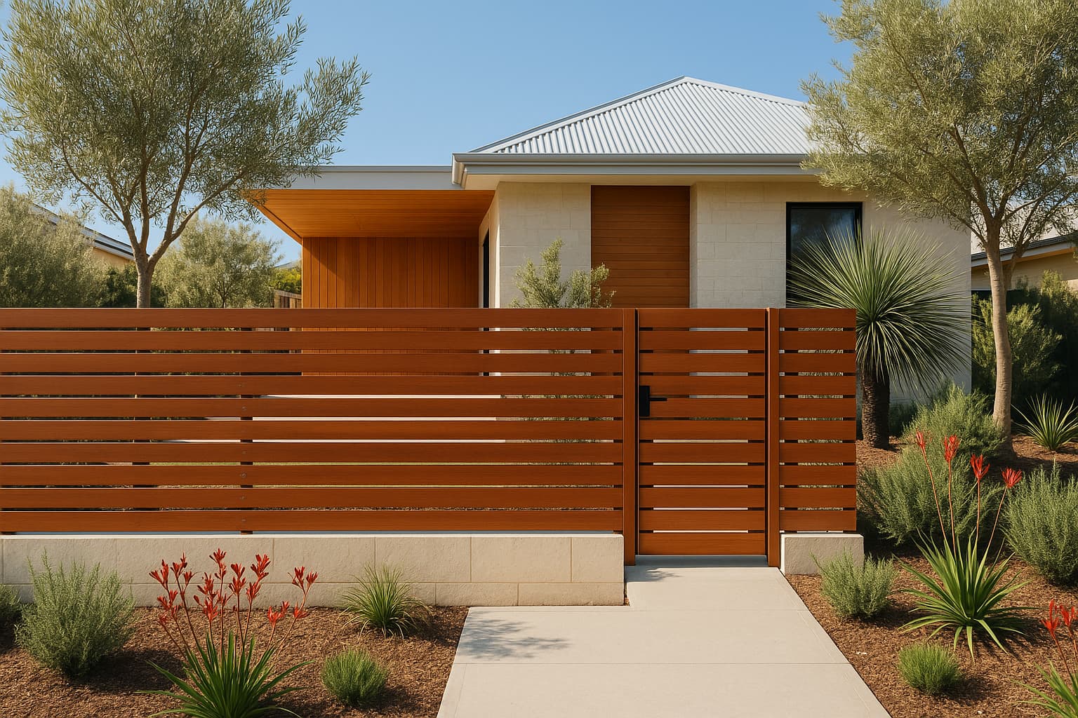 Horizontal merbau slat front fence and pedestrian gate on a limestone plinth