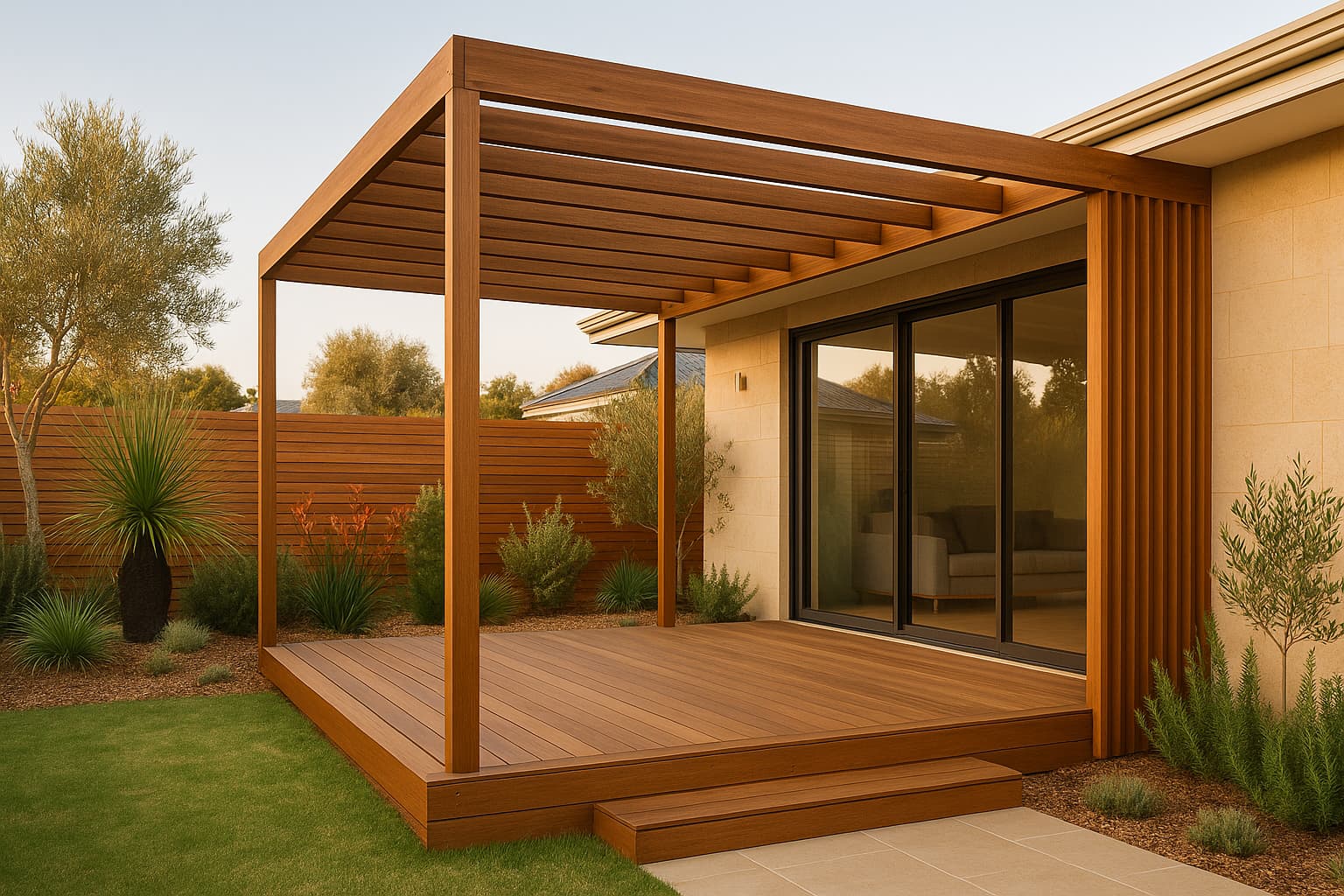 Perth backyard with a hardwood pergola, battened privacy screen, slat fence and low timber deck