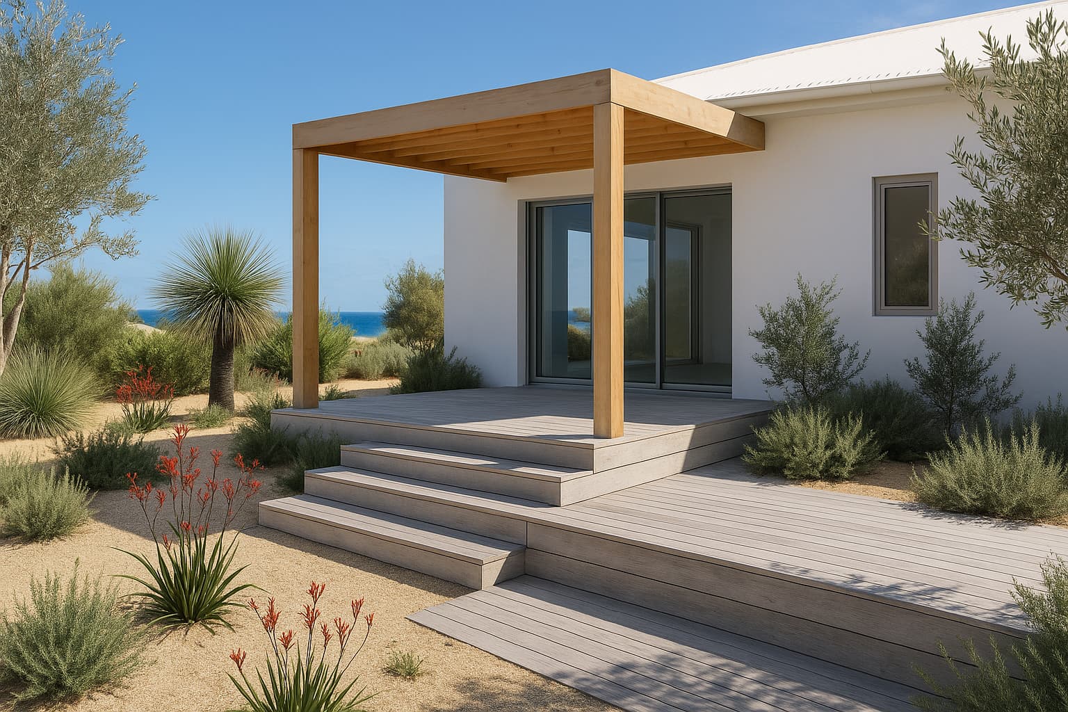 Coastal contemporary home with a pale hardwood deck and wide steps