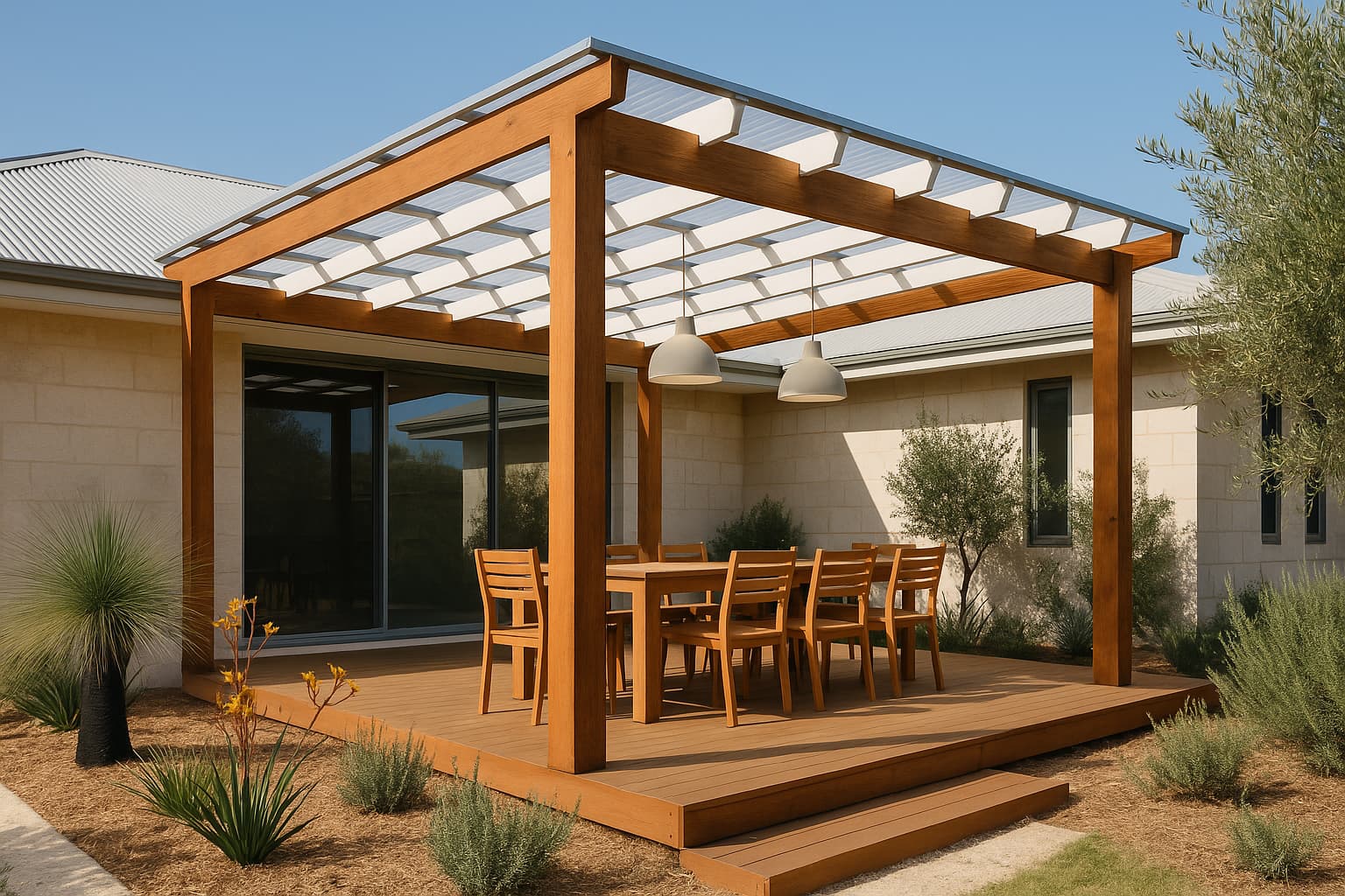 Timber pergola with a clear roof over an alfresco dining deck