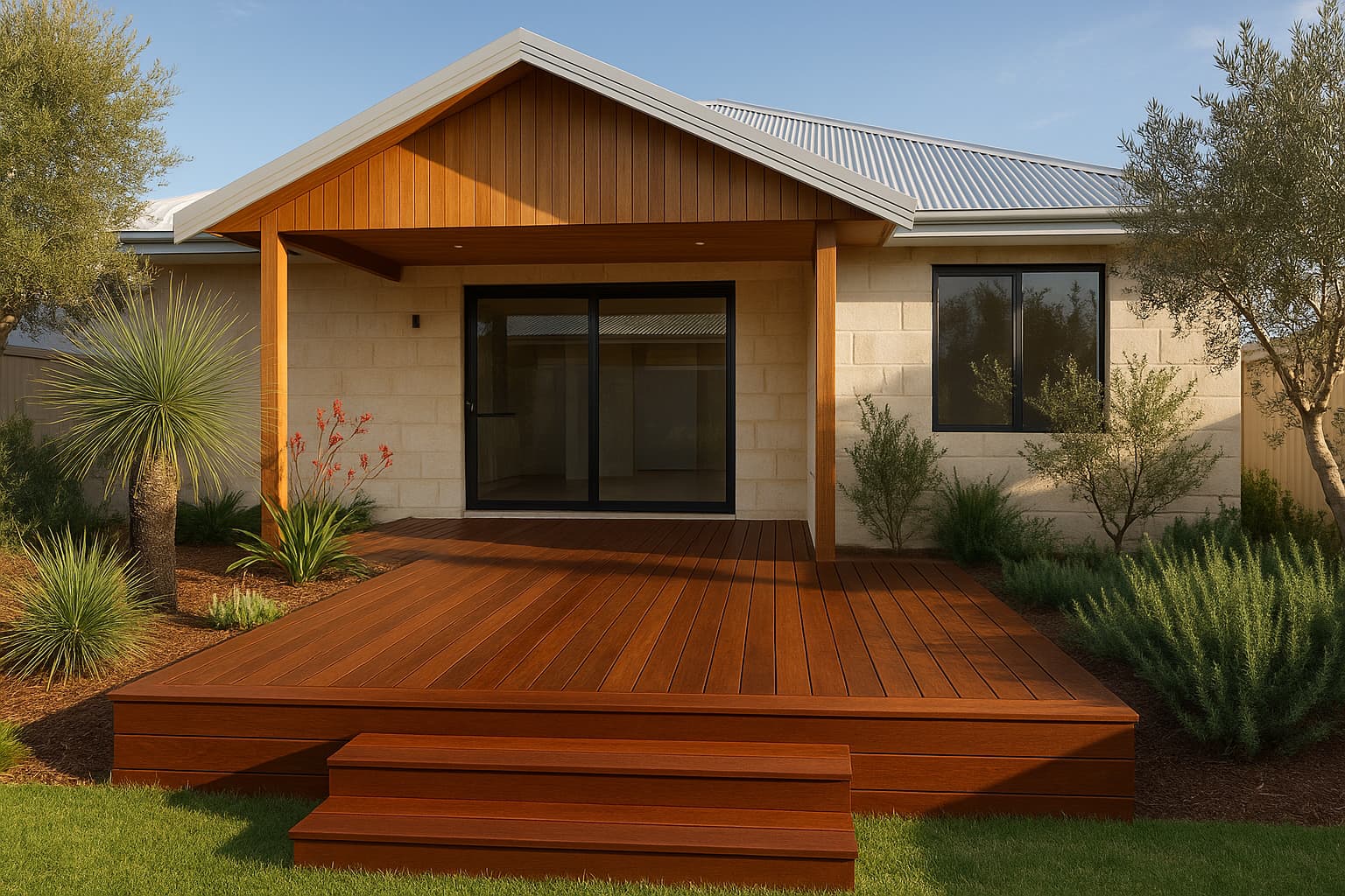 New merbau deck with a picture-frame edge and wide steps down to the lawn