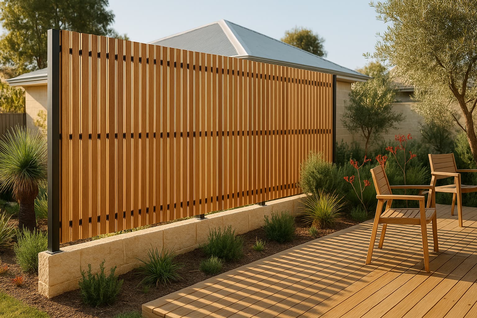 Vertical spotted gum battened privacy screen on black posts beside a low timber deck