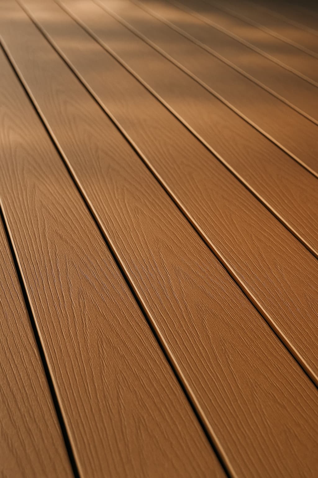 Close-up of mid-brown capped composite decking boards with embossed grain and hidden fixings