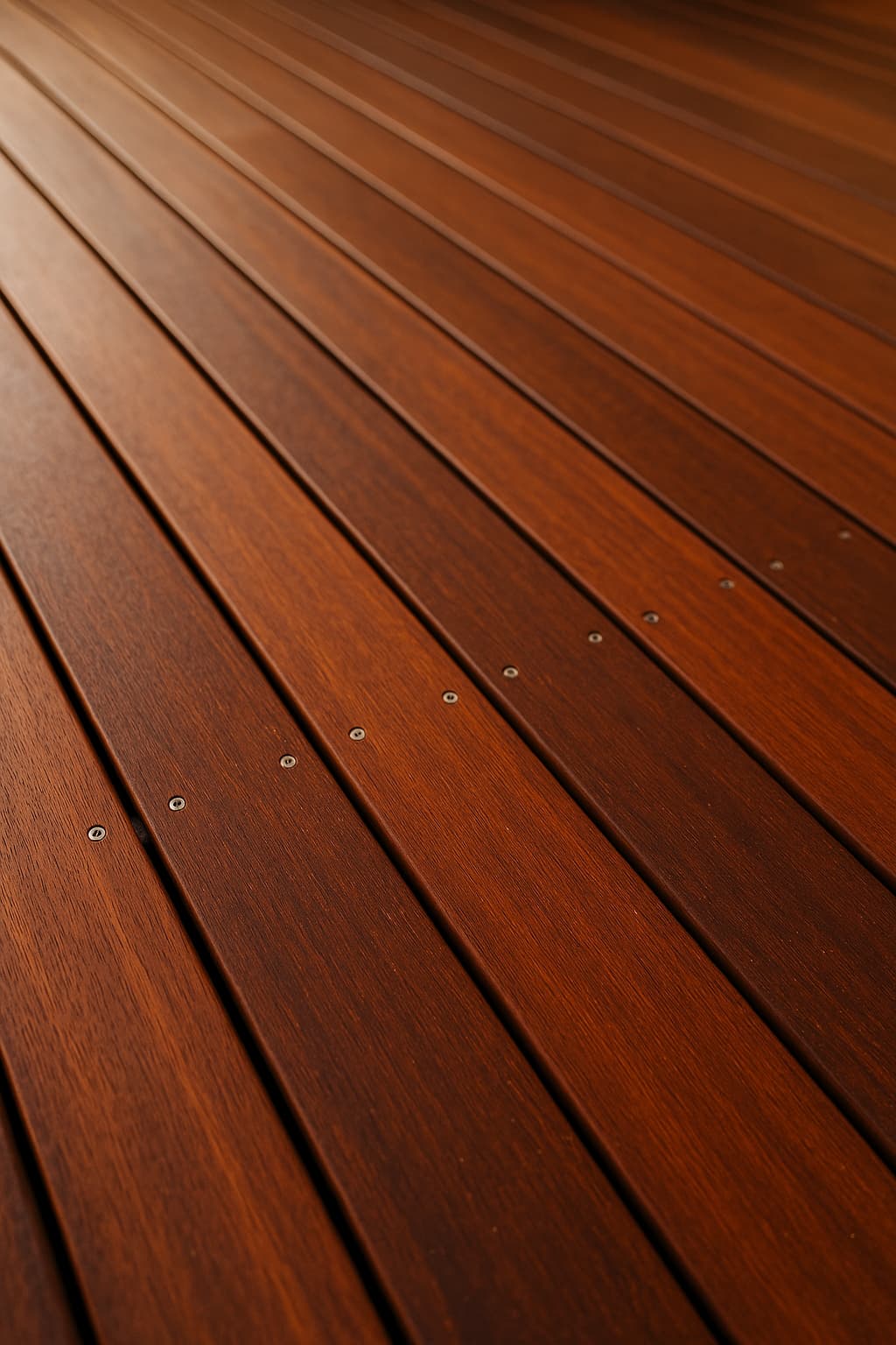 Close-up of new, oiled reddish-brown merbau decking boards
