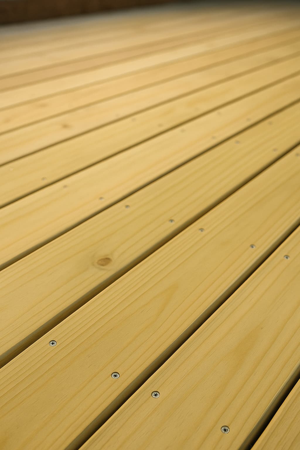 Close-up of new, pale treated pine decking boards with stainless screws
