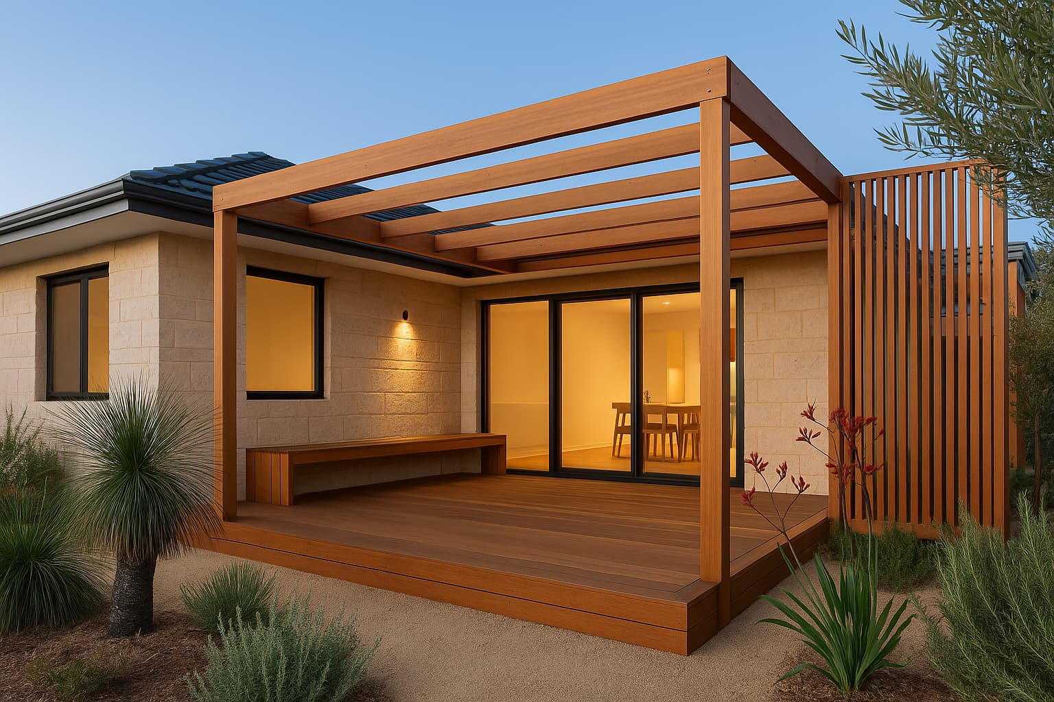 Deck, pergola and battened screen designed as one outdoor room at dusk