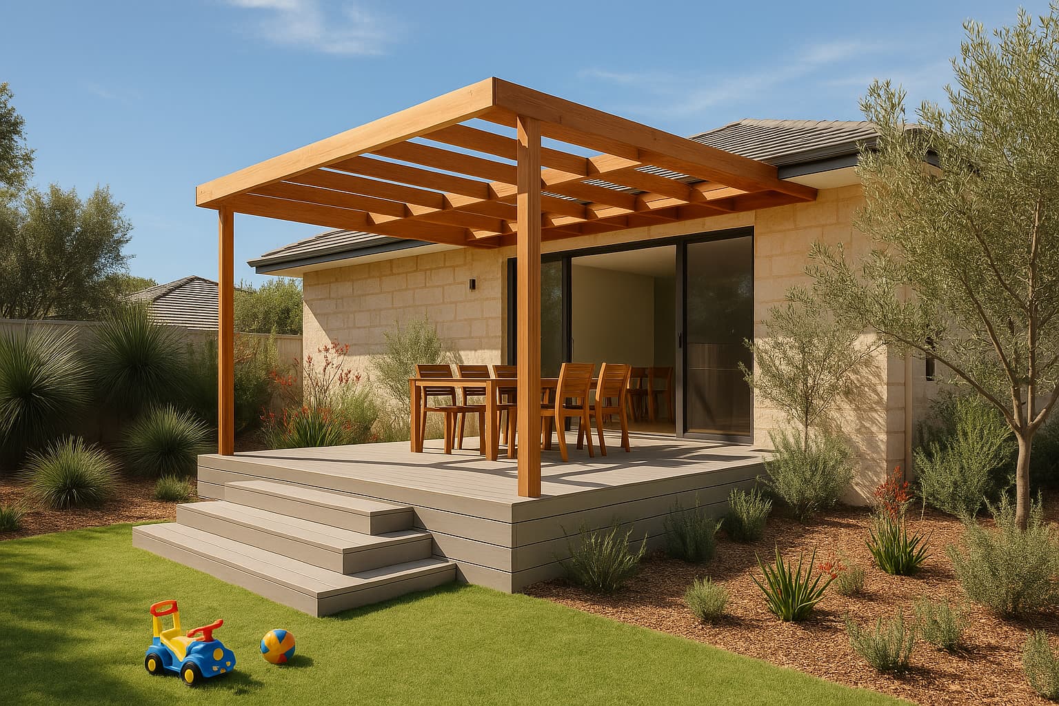 Light composite deck under a pergola with wide steps down to a lawn