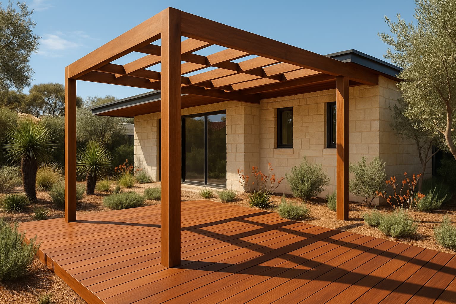 Oiled jarrah deck with hardwood posts and beams beside a stone wall