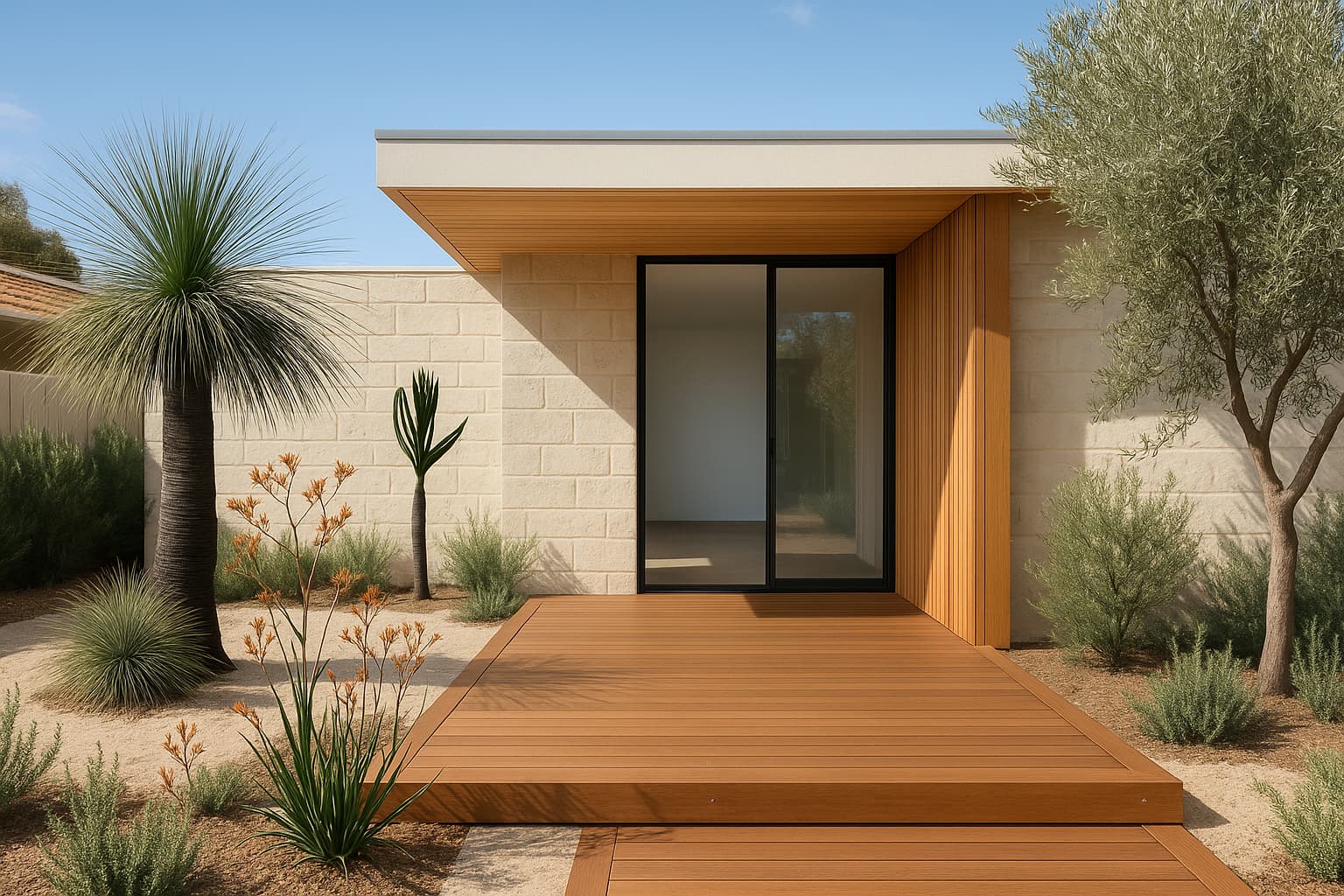 Minimalist flush threshold from concrete floor to a hidden-fix hardwood deck